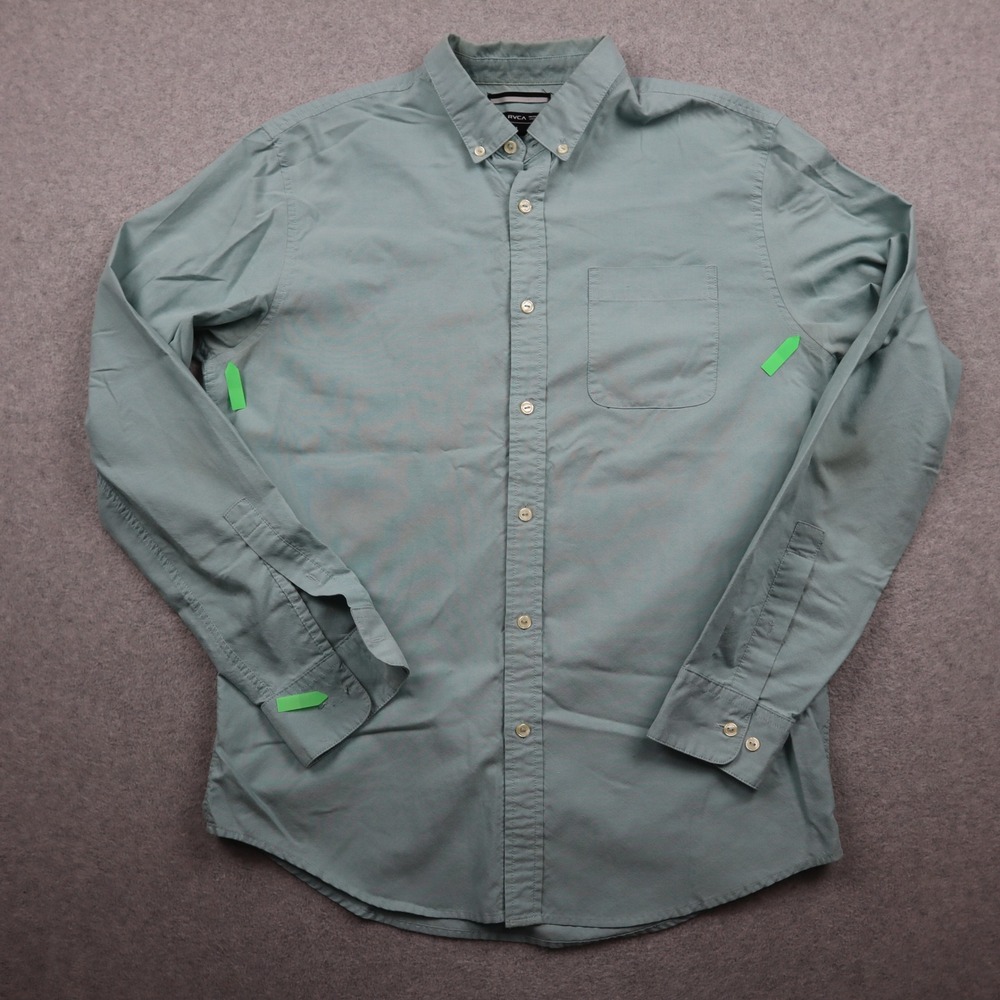 RVCA Shirt Mens Large Slim Fit Button Down Solid Green Long Sleeve Pocket Casual
